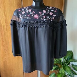 Black Embroidered Mesh Lace Yoke Blouse - Women's Top